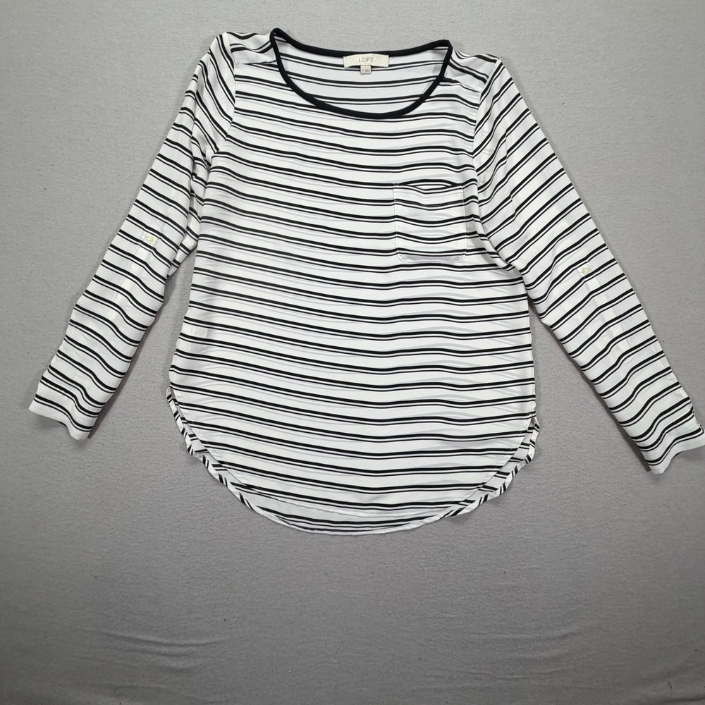 LOFT Striped Blouse Womens Medium Good White Black Roll Tab Sleeve Pocket Top